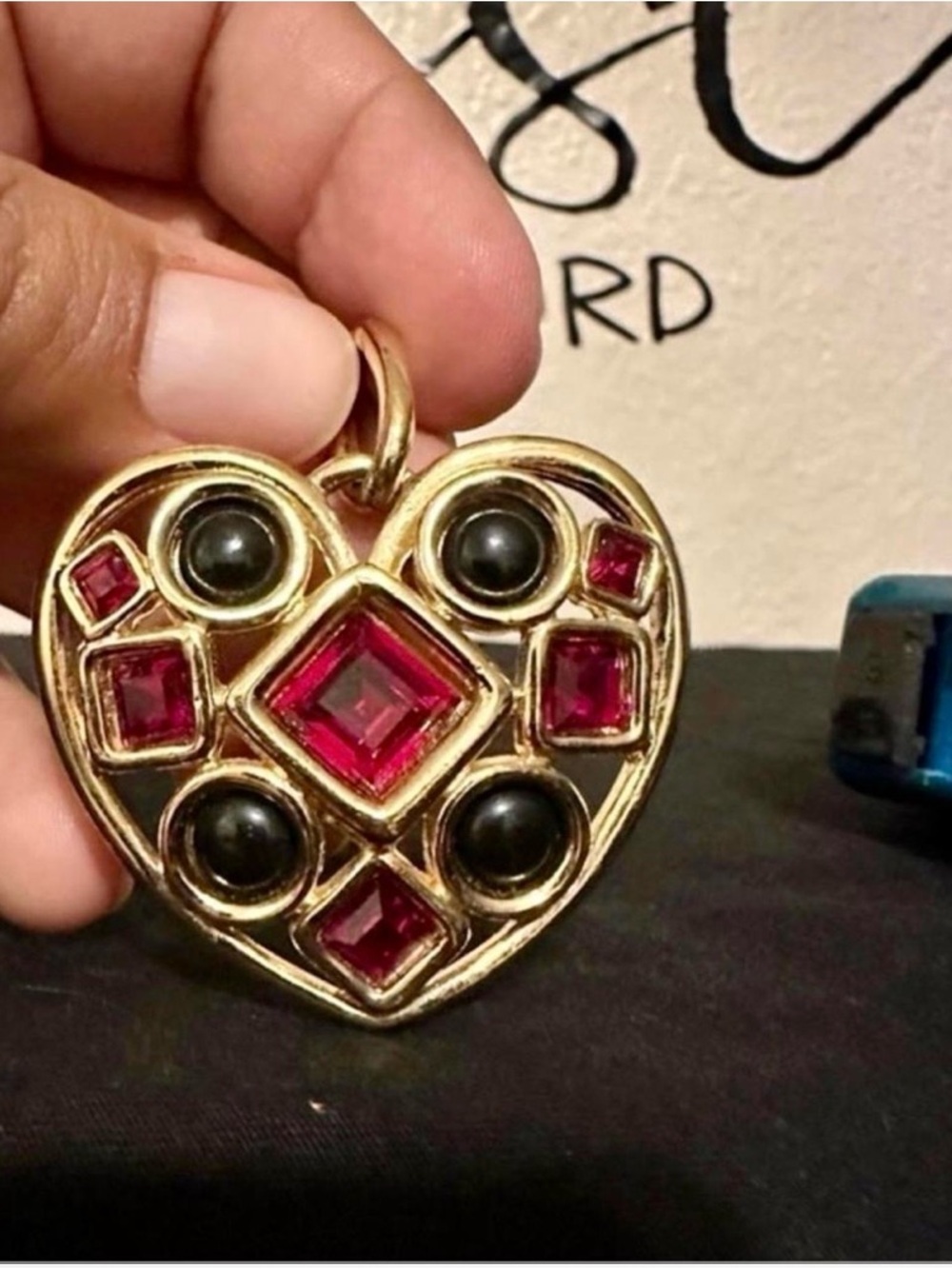 Rare Vintage Designer Givenchy Gold Heart Pendant with Red and Black Gem Accents